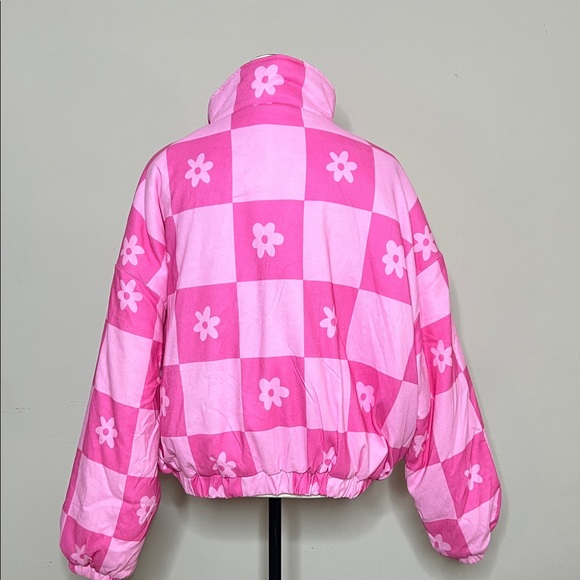 Floral Pink Checkered Women's Puffer Jacket - Picture 10 of 11